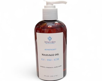 Óleo de massagem corporal com aromaterapia, com óleos naturais, para dores musculares, estresse e tensão.