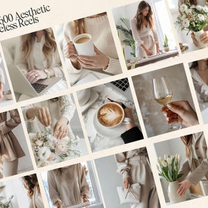 May include: A collage of images featuring various lifestyle scenes in a neutral color palette. The images include a bouquet of white tulips, a cup of coffee, a glass of white wine, a woman's hand holding a bouquet of flowers, and a woman wearing a beige sweater and pants.