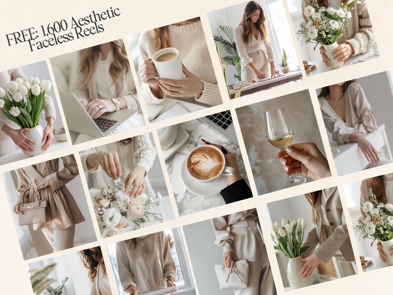 May include: A collage of images featuring various lifestyle scenes in a neutral color palette. The images include a bouquet of white tulips, a cup of coffee, a glass of white wine, a woman's hand holding a bouquet of flowers, and a woman wearing a beige sweater and pants.