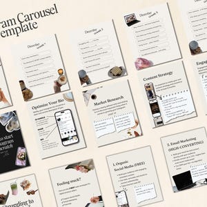 May include: A digital marketing guide for Instagram with a carousel template featuring tips on content strategy, engagement, market research, optimizing your bio, and more. The guide includes a 30-day content calendar and advice on using organic social media, email marketing, and paid ads.