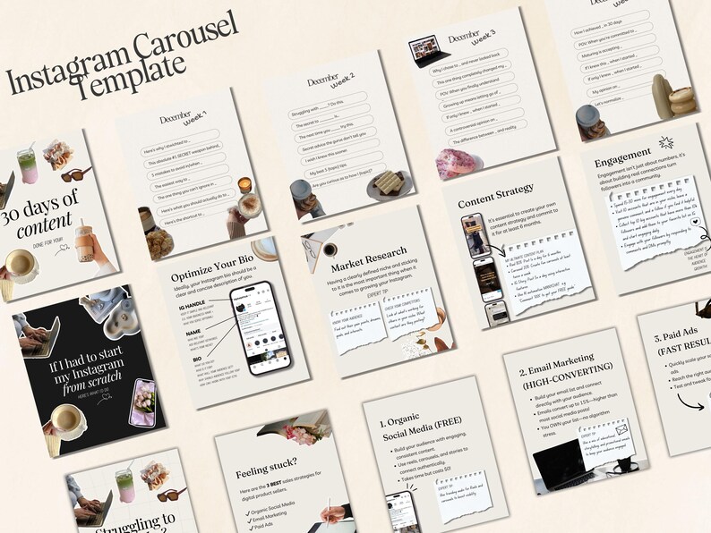 May include: A digital marketing guide for Instagram with a carousel template featuring tips on content strategy, engagement, market research, optimizing your bio, and more. The guide includes a 30-day content calendar and advice on using organic social media, email marketing, and paid ads.