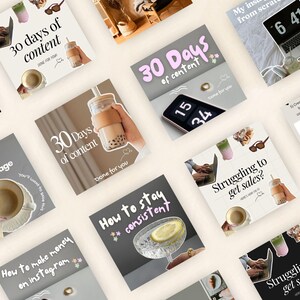 May include: A collection of Instagram story templates with text overlays, including "30 Days of Content", "How to Stay Consistent", "Struggling to Get Sales?", and "How to Make Money on Instagram". The templates feature images of drinks, a laptop, and a clock.