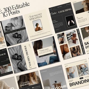 May include: A collage of images featuring various aspects of online coaching, including branding, sales strategy, lead magnets, and coach profiles. The images are in a minimalist style with a black and white color scheme.