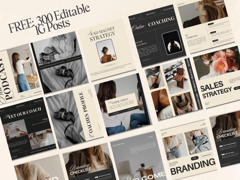 May include: A collage of images featuring various aspects of online coaching, including branding, sales strategy, lead magnets, and coach profiles. The images are in a minimalist style with a black and white color scheme.