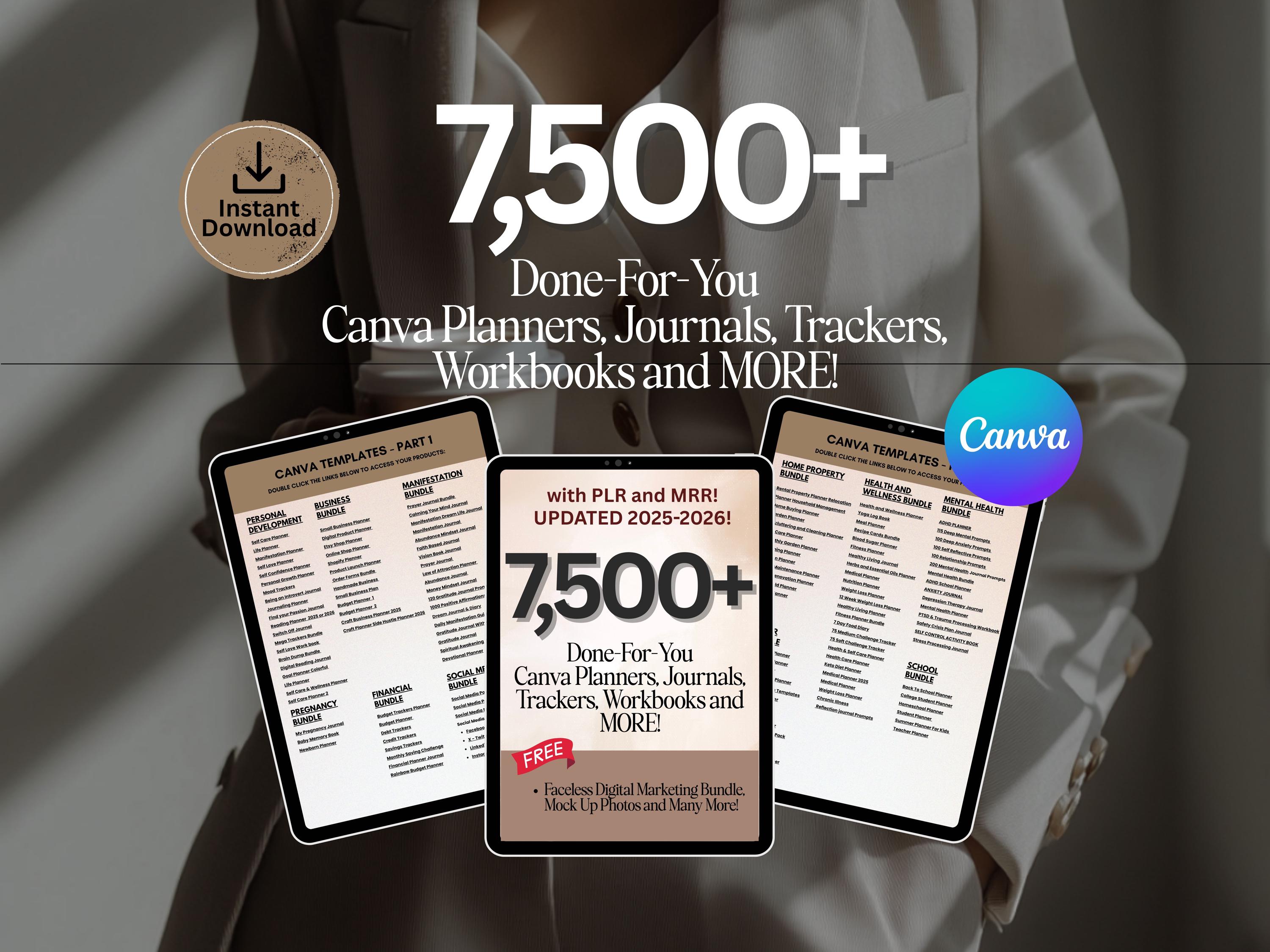 7500+ Canva Templates Bundle: PLR MRR Digital Planners, Journals (2025 ...