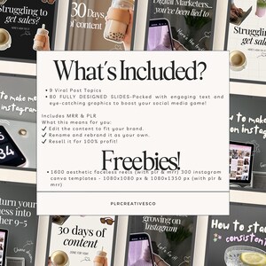 May include: A collage of images promoting a social media marketing course. The images feature text overlays such as "Struggling to get sales?", "30 Days of Content", "How to make $$ on Instagram", "Don't turn your business into another 9-5", "Growing on Instagram", and "How to stay consistent". The text "What's Included?" and "Freebies!" are also featured.