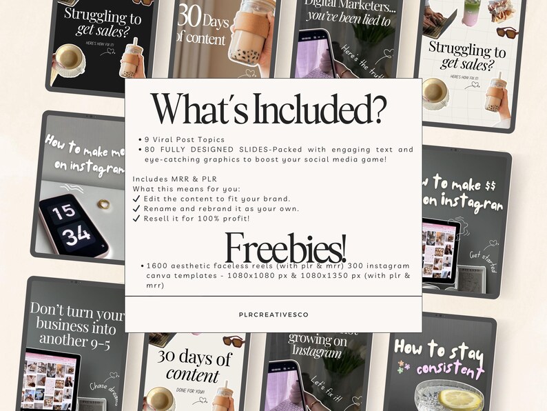 May include: A collage of images promoting a social media marketing course. The images feature text overlays such as "Struggling to get sales?", "30 Days of Content", "How to make $$ on Instagram", "Don't turn your business into another 9-5", "Growing on Instagram", and "How to stay consistent". The text "What's Included?" and "Freebies!" are also featured.