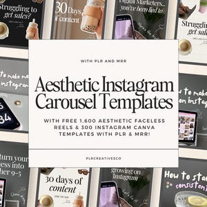 Op de afbeelding: Een collage van Instagram-carrouseltemplates met tekstoverlays. De templates behandelen verschillende onderwerpen, waaronder "Struggling to get sales?", "30 Days of Content", "How to make money on Instagram", "Don't turn your business into another 9-5", "Growing on Instagram" en "How to stay consistent".