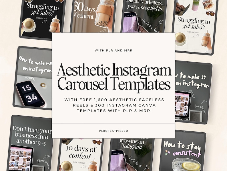 May include: A collage of Instagram carousel templates with text overlays. The templates feature various topics, including "Struggling to get sales?", "30 Days of Content", "How to make money on Instagram", "Don't turn your business into another 9-5", "Growing on Instagram", and "How to stay consistent".