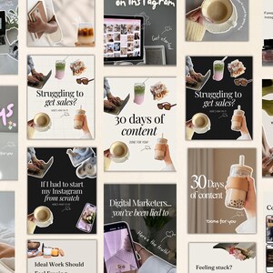 May include: A collage of 12 Instagram post templates with tips for growing an Instagram account and getting sales. The templates feature images of bubble tea, laptops, and text overlays. Some of the text includes "30 Days of Content", "Struggling to get sales?", "If I had to start my Instagram from scratch", and "Digital Marketers... you've been lied to".