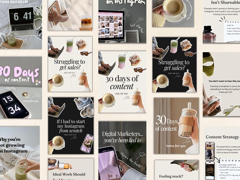 May include: A collage of 12 Instagram post templates with tips for growing an Instagram account and getting sales. The templates feature images of bubble tea, laptops, and text overlays. Some of the text includes "30 Days of Content", "Struggling to get sales?", "If I had to start my Instagram from scratch", and "Digital Marketers... you've been lied to".
