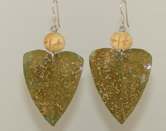 Hammered Brass Leaf Earring with Bone Bead  and Patina