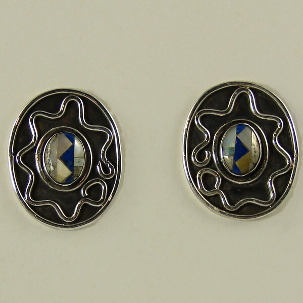 Sterling Post Earrings with Stone Intarsia Cabachon