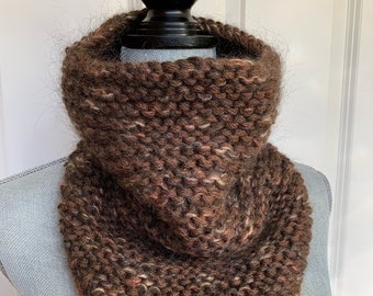 Cowl, Turtleneck, Tall Cowl, Bandana Style, Hand Knit, Variegated Tonal Browns, Tan, Beige Coloring, Merino Wool Mohair Blend, Squishy Soft!