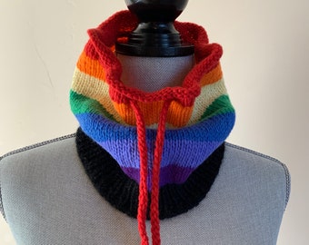 Cowl With Drawstring Tie, Convertible Hat, Hand Knit, Rainbow Colors, Black Brim, Red Drawstring, Midweight Merino Wool, Teen-Adult Sizing