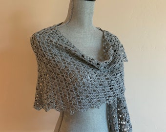 Shawl, Wrap, Asymmetrical Crocheted Lace, Scalloped Edge, Soft Gray Sage Color, Cotton Cashmere Blend, Extra Wide & Long