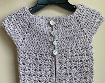 Vest, Cap Sleeve Sweater, Open Front Cardigan, 6-12 Mo. Size, Crocheted, Wool Cotton Silk Cashmere Blend, Lavender, Shell Buttons, Soft!