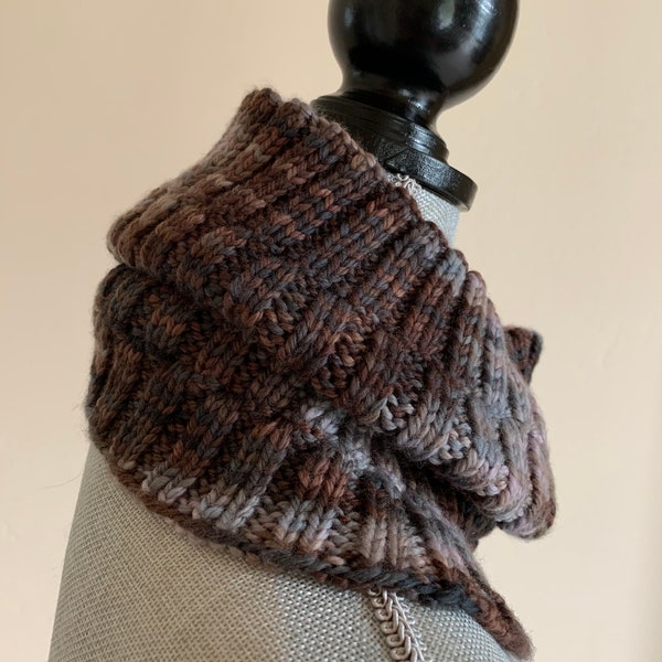 Cowl, Neckwarmer, Unisex, Tall Ribbed Tube Style, Hand Knit, Black Charcoal Steel Gray Brown, Hand Painted Washable Merino Wool, Very Soft