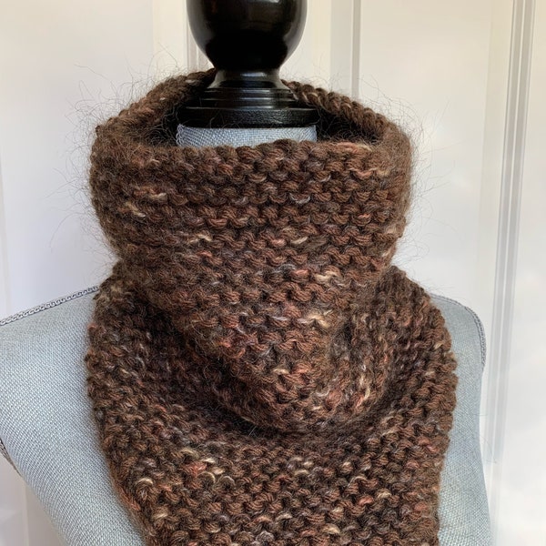 Cowl, Turtleneck, Tall Cowl, Bandana Style, Hand Knit, Variegated Tonal Browns, Tan, Beige Coloring, Merino Wool Mohair Blend, Squishy Soft!