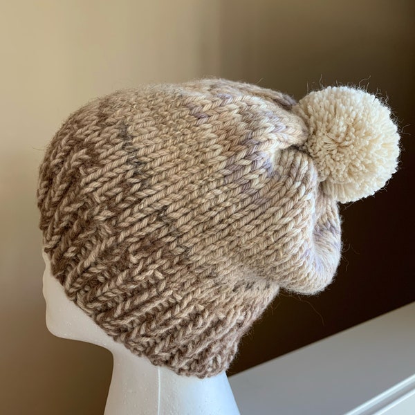 BOGO! Beanie Hat With Large Pom Pom, Hand Knit, Gradient Shades of Cream, Tan, Taupe, Gray, Teen-Adult, Merino Wool Blend