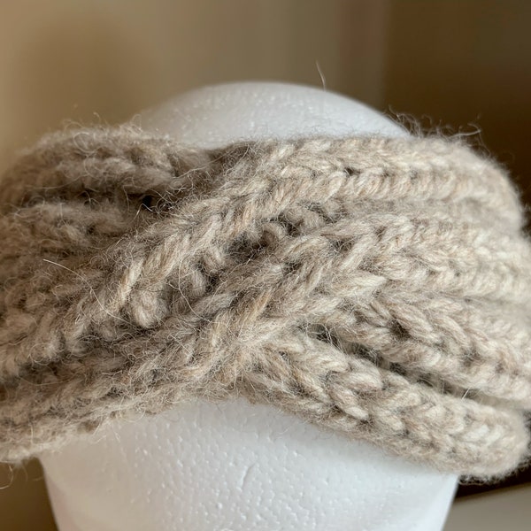 BOGO!  Headband, Twisted Ear Warmer, Hand Knit, Heathered Tan & Beige Ecologically Friendly Wool, Soft, Thick and Squishy