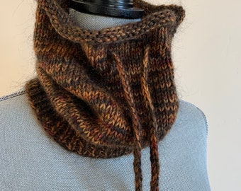 Cowl With Drawstring Tie, Convertible Hat, Hand Knit, Espresso, Caramel, Cranberry Marl Coloring, Wool & Mohair Blend, Teen to Adult Sizing