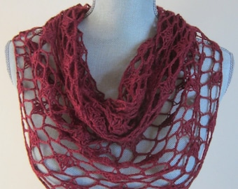 Shawl, Shawlette, Wrap, Crocheted, Delicate Lace, Shallow Triangle Shape, Cranberry Burgundy Color, Merino Wool Silk Blend, Very Soft!