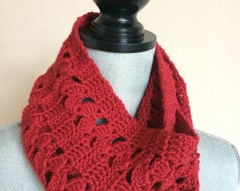 BOGO! Cowl, Infinity Scarf, Double Loop Cowl, Neck Warmer, Crocheted, Textured Lace Pattern, Ruby Red Color, Merino Cashmere, Soft!