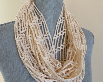 Cowl, Loop Cowl, Wide Double Wrap Cowl, Crocheted, Openwork Lace, Cream to Butter Yellow, Summer Scarf, Lightweight, Linen Silk Blend Fiber,