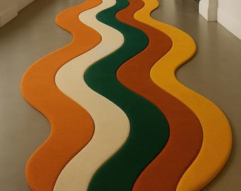 Hand Tufted Wool Runner Rug, Retro Wavy Design, Multi Color