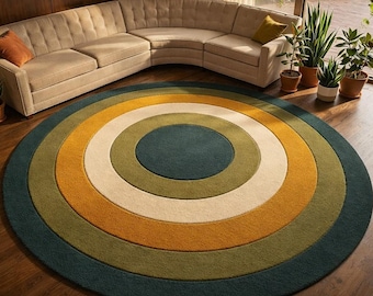 Modern Hand Tufted Teal, Olive & Mustard Mid Century Round 8X8 Rug, Circle rug for Livingroom Bedroom Kitchen Nursery Custom size Carpets