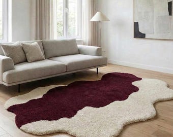 Hand Tufted Embossed 3D Wool Rug, Burgundy & Ivory Organic Shape, High Low Pile Abstract Carpet, Fairycore Nursery Living Room Decor 5X7 7X9