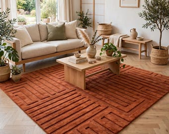 Terracotta Geometric Wool Rug, Rust Orange Hand Tufted Carpet, Carved High Pile Area Rug for Living Room, Bedroom & Playroom 8 X10  9X12