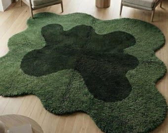 Hand Tufted 5X7 Moss Forest Green Wool Area Rug Funky Aesthetic Bedroom Rug Irregular Shaped Area Rug for Living Room Bedroom & Kids Gifts