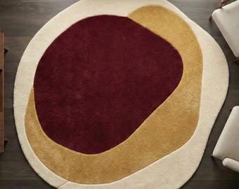 Hand Tufted Embossed 3D Organic Shape Area Rug in Wine Red, Mustard Gold & Ivory Abstract Irregular Carpet for Bedroom and Living room Decor