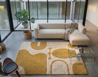 Modern Abstract Mustard & Cream 5X8 Hand Tufted Wool Geometric Area Rug Contemporary Minimalist Living Room Carpet Bedroom Custom Kids Rugs