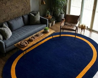 Modern Abstract Hand Tufted Wool Navy Blue Gold Oval Rug For Contemporary Decor & Living Room, Bedroom, Kitchen Kids Carpet, Minimalist Rugs