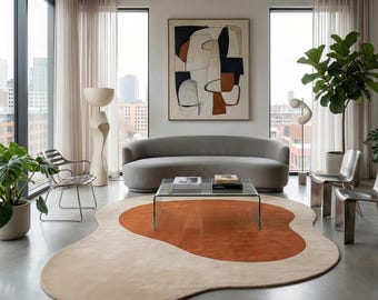 Organic Shape Abstract Rug, Modern Hand Tufted Wool Area Rug in Beige & Burnt Orange, Luxury Contemporary Living Room 8X10 Bedroom 5X8 9X12