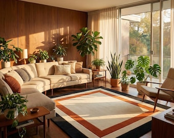 9X12 Modern Abstract Hand Tufted Wool Cream Rust & Black Bordered Rug for Contemporary Living Room Bedroom Custom Size Nursery Kitchen Rugs