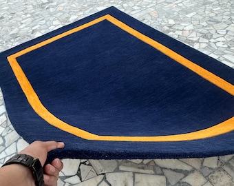 Modern Abstract Navy Blue and Mustard Hand Tufted Gold Border Area Rug For Contemporary Decor & Living Room, Bedroom, Kitchen Nursery Carpet