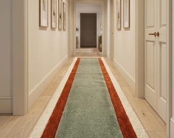 Mid Century Modern Sage Green Terracotta Hallway Runner Rug | Cozy  Plush High Pile Area Rug Color Block Boho Runner for Entryway Hallway