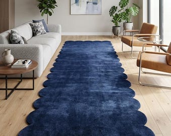 Navy Blue Scalloped Wool Runner Rug, Plush High Pile Handmade Carpet
