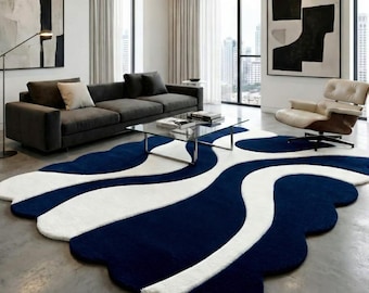 Modern Abstract Navy Blue & Ivory Hand Tufted Wool Scalloped Edge Carpet Decor for Living Room, Bedroom Kitchen Nursery Kids Custom Carpets