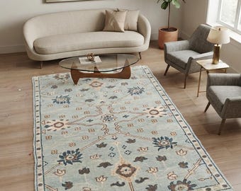 Hand Knotted Area Rug, Light Blue Floral Carpet, Transitional Wool Rug, Traditional Oriental Design, Living Room Decor