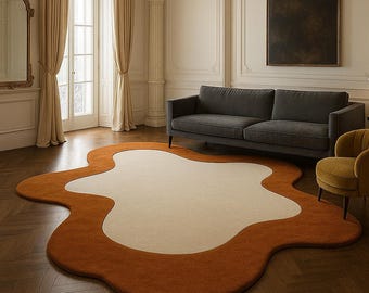 Rust Orange Cream Organic Shape Wool Rug Handmade Tufted High Pile Carpet Abstract Irregular Area Rug for Living Room Bedroom