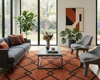 Terracotta & Black Diamond Pattern Moroccan Handmade Wool Area Rug, Soft Plush for Living Room, Bedroom and Large Custom Rugs and Home Decor