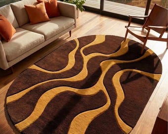 Modern Answer Brown & Mustard Oval Hand Tufted Wool Area Rug Minimalist Living Room Carpet, Soft Living room Bedroom Kids Nursery Rug Decor