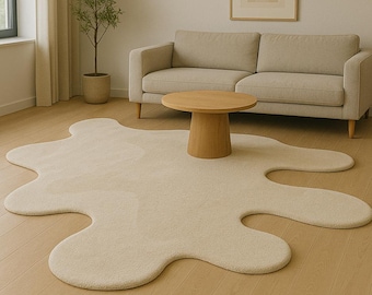 Hand-Tufted Wool Amoeba Rug, Cream Organic Shape, Minimalist Nursery Decor