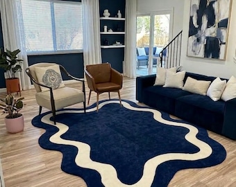 5X8 Navy Blue Modern Abstract Hand Tufted Wool Wavy Organic shape Rug for Living Room & Bedroom Designer Custom Size Minimalist Home Carpets