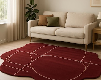 Hand Tufted Wool Abstract Rug, Burgundy Red Wavy Edge Carpet, Modern Minimalist Home Decor